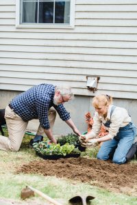 An older couple doing some gardening in their backyard