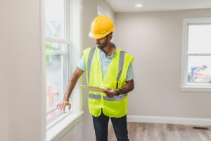 A home inspector looking at a window in an empty property